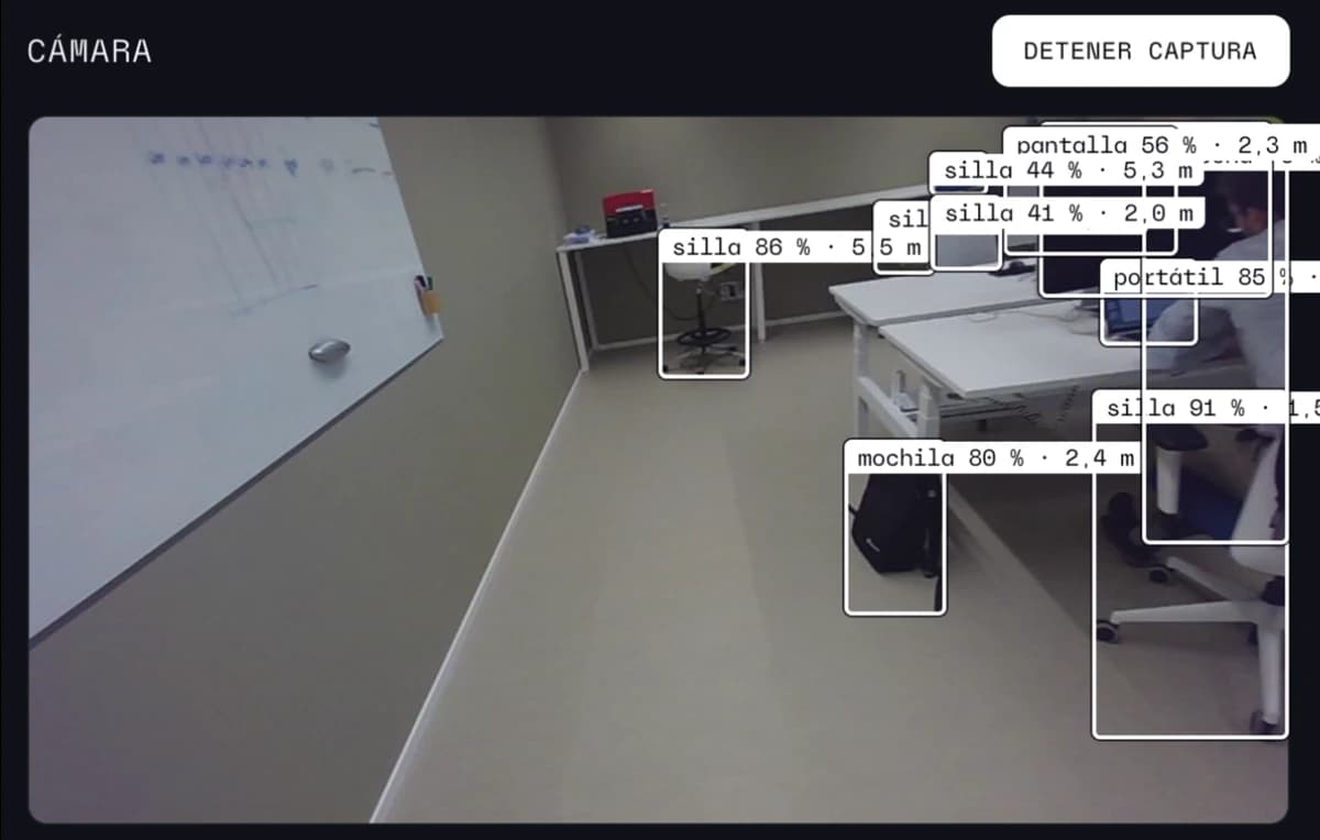 Detecciones de sillas, una mochila y otros objetos sobre la imagen de la sala de pruebas.