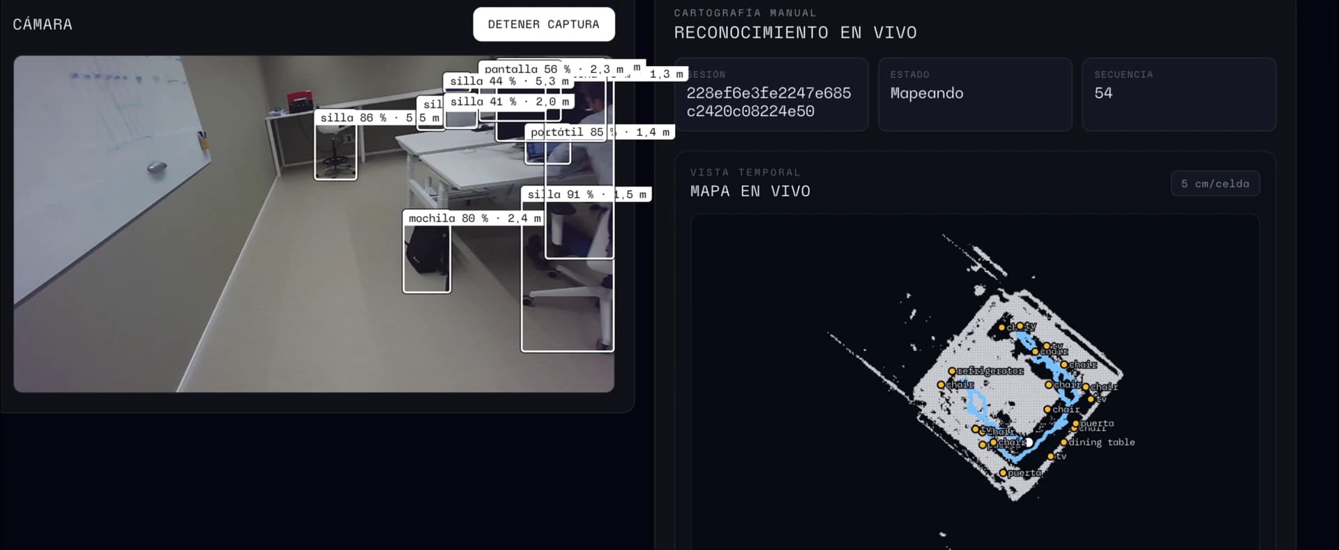 Interfaz de TXISTU con detecciones de objetos y mapa del entorno.